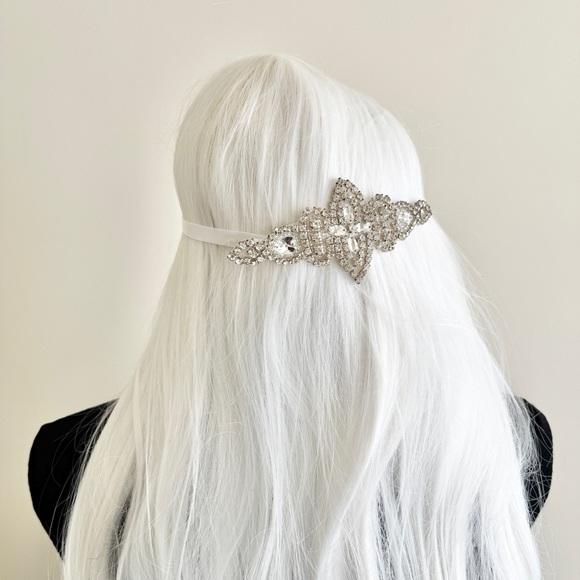 Handmade Bridal Rhinestone Headband with White Satin Ribbon - Picture 2 of 3